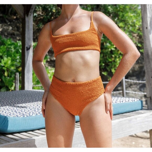 Aila Blue Bambi High Waist Bikini Bottoms Citron Orange Textured Smocked Sustain - Picture 1 of 6